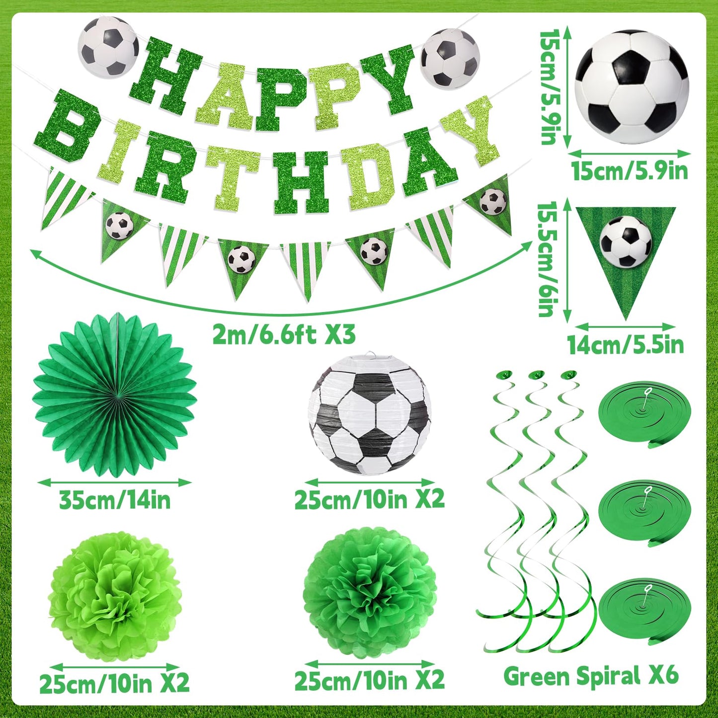 OBBOLO Soccer Birthday Party Decorations, Pre-Strung Soccer Birthday Banners, Including 2 Soccer Ball Paper Lanterns, Green Paper Fans and Pompoms for Boys Birthdays, Sports Party Decorations