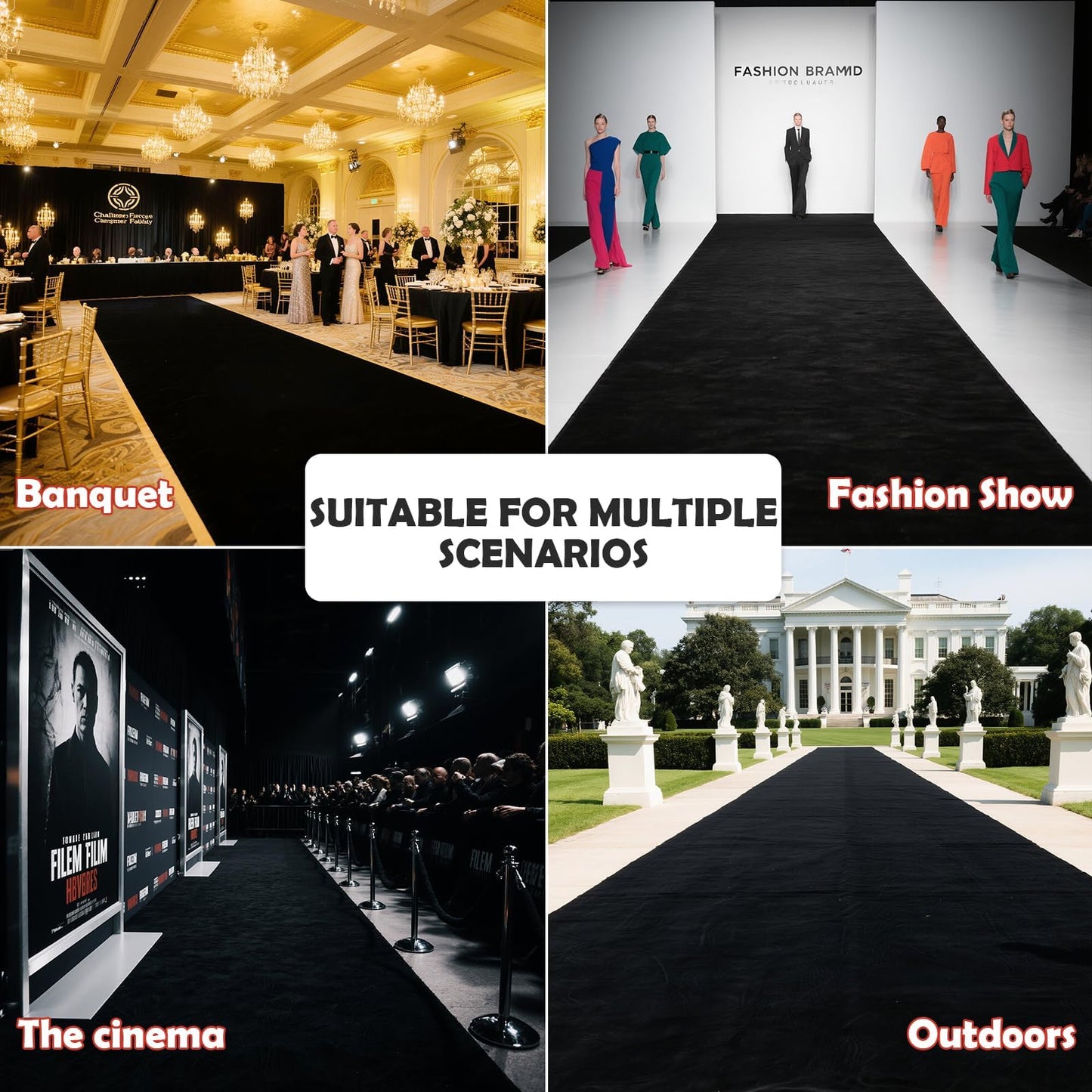 Extra Thick Black Carpet Runner 3 x 30Ft, Non-Slip TPR Rubber Backing, 450 GSM Heavy-Duty Aisle Runner Black Runner Rug for Wedding Ceremony, Hollywood Party, Graduation & Award Events
