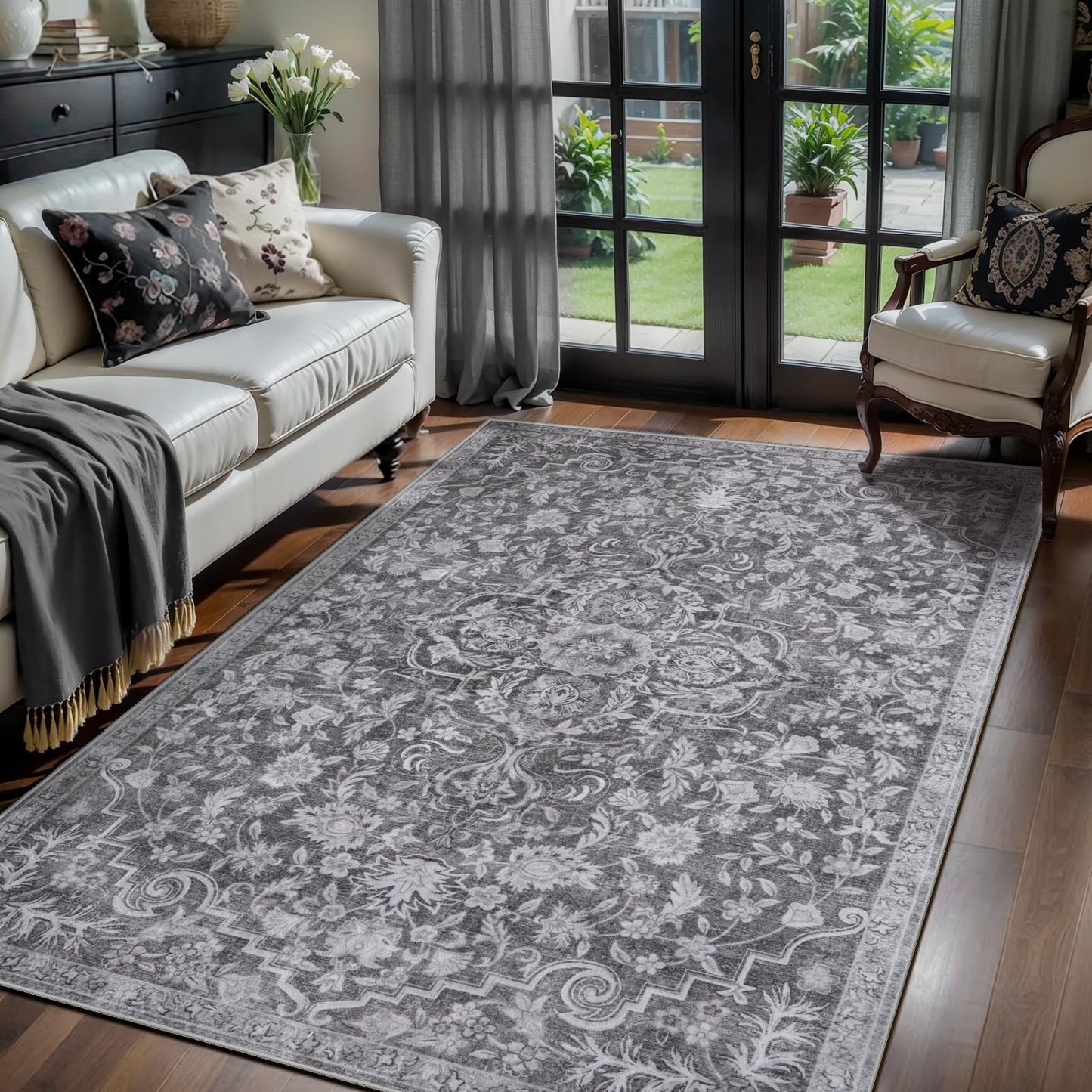 Ciicool 3x5 Washable Grey Rug Boho Floral Non-Slip Bedroom Rugs for Entryway Throw Rug Soft Low-Pile Indoor Floor Carpet for Living Room Laundry Foyer Decor