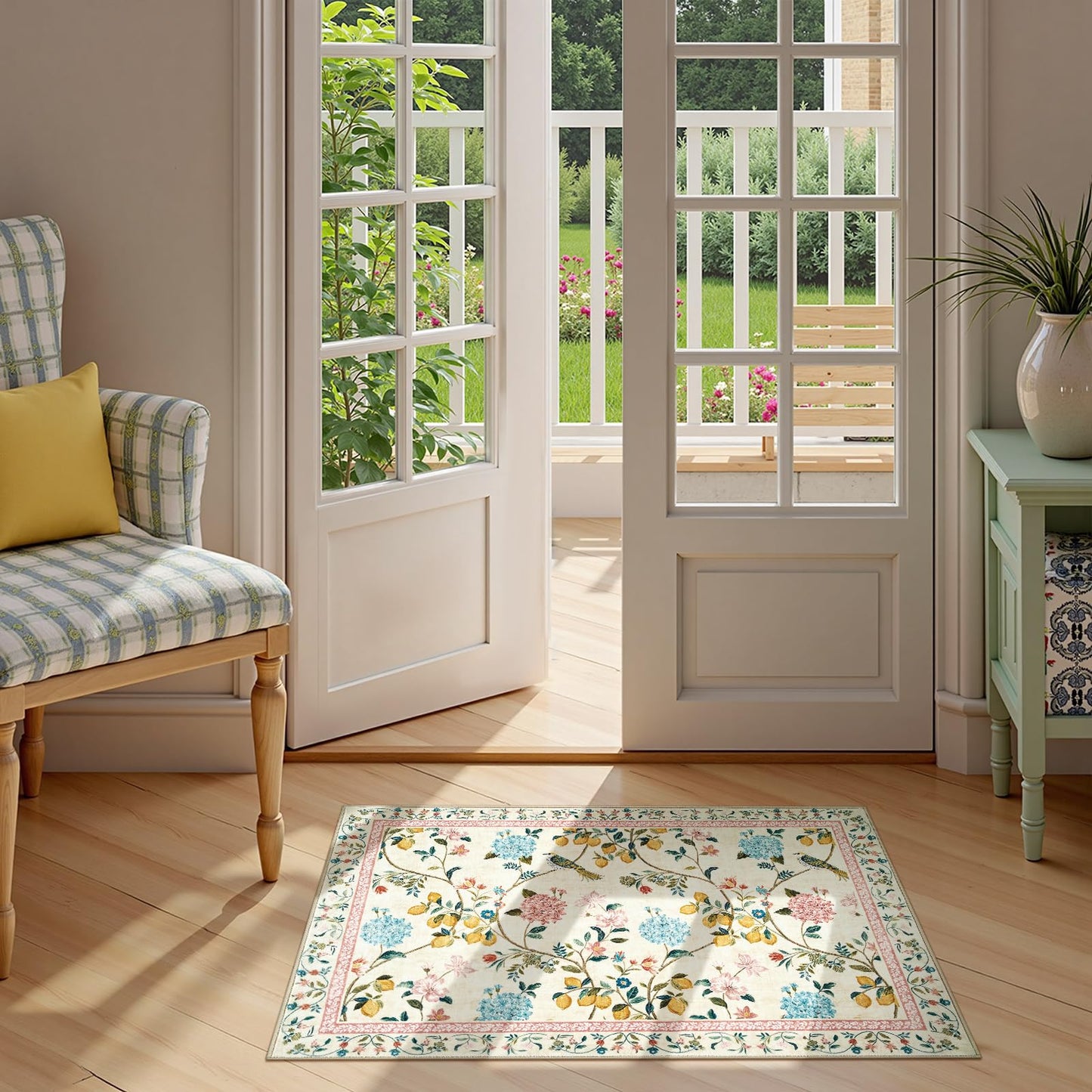 jinchan Area Rug 2x3, Floral Washable Indoor Entryway Doormat Chinoiserie Throw Non Slip, Low Pile Small Botanical Soft Rugs Retro Carpet for Bedroom Bathroom Decor Beige/Pink
