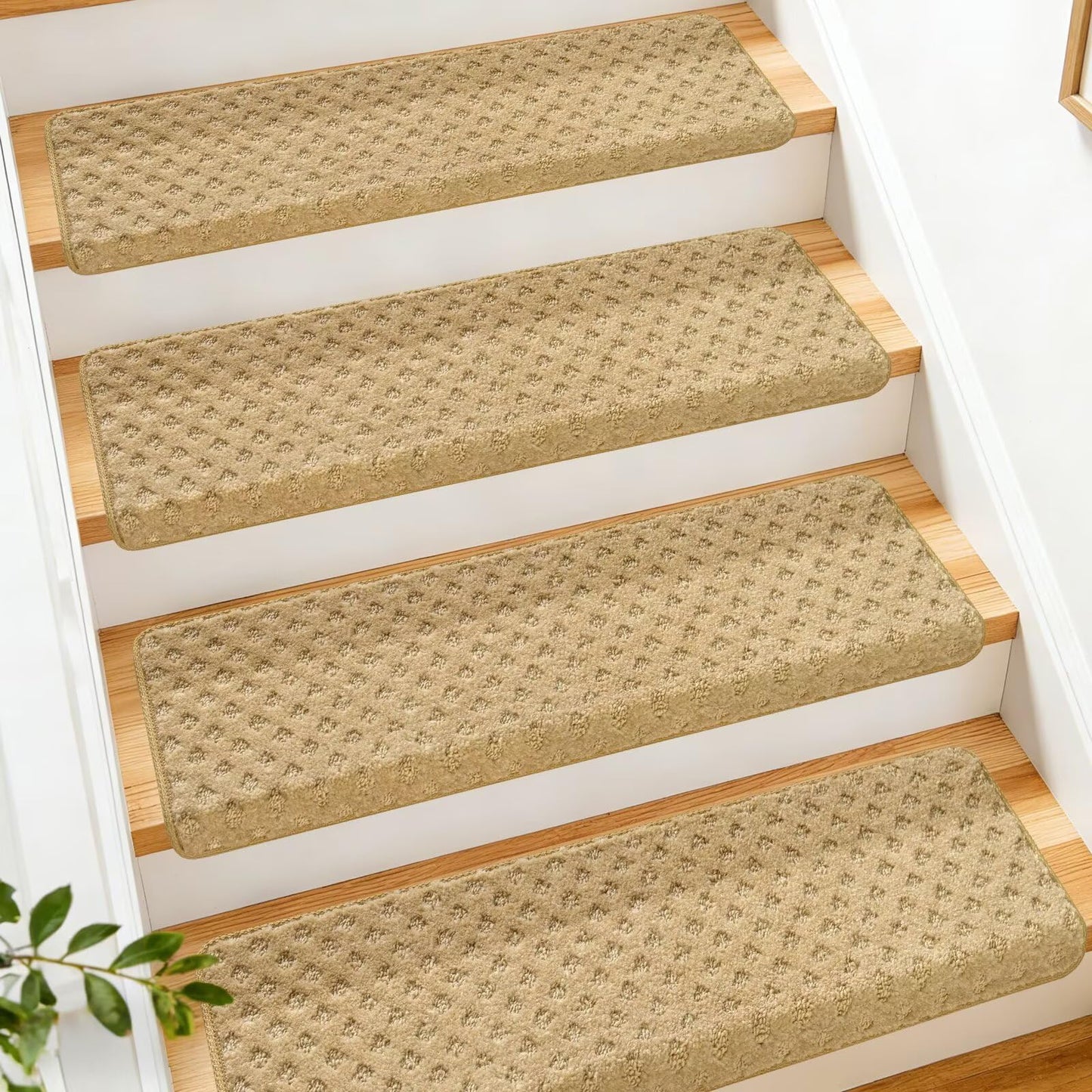 DEXDE Bullnose Carpet Stair Treads Non Slip for Wooden Steps Indoor, 30" x 9.5" x 1.7" (14 Pack) - Peel and Stick Stair Runner Rugs with Edge Protection, Washable & Reusable Pet Friendly Mats, Beige