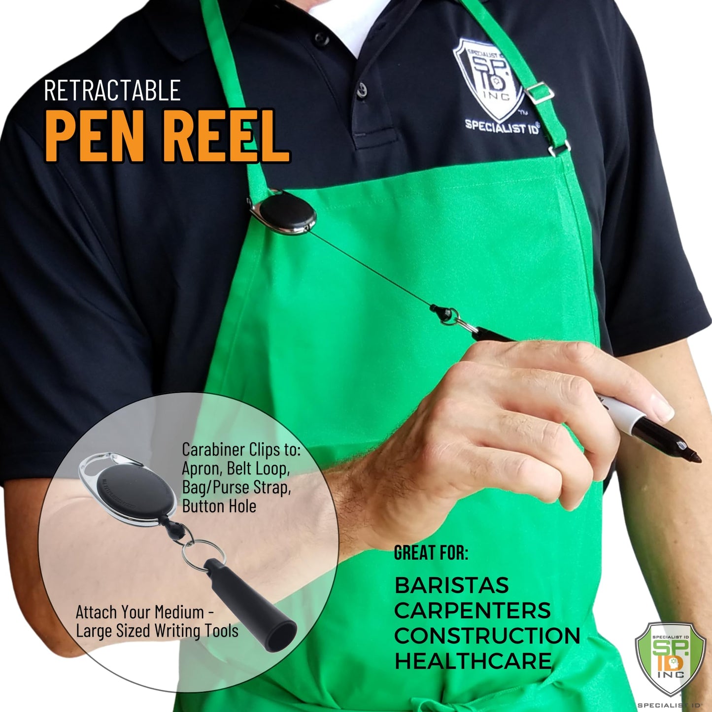 Reel-N-Rite 2 Pack - Retractable Pen Reel for Thick Markers & Carpenter Pencils - Carabiner Clip for Apron, Belt Loop or Bag Strap - Great Gift for Baristas - Pen Leash for Nurses (Black)