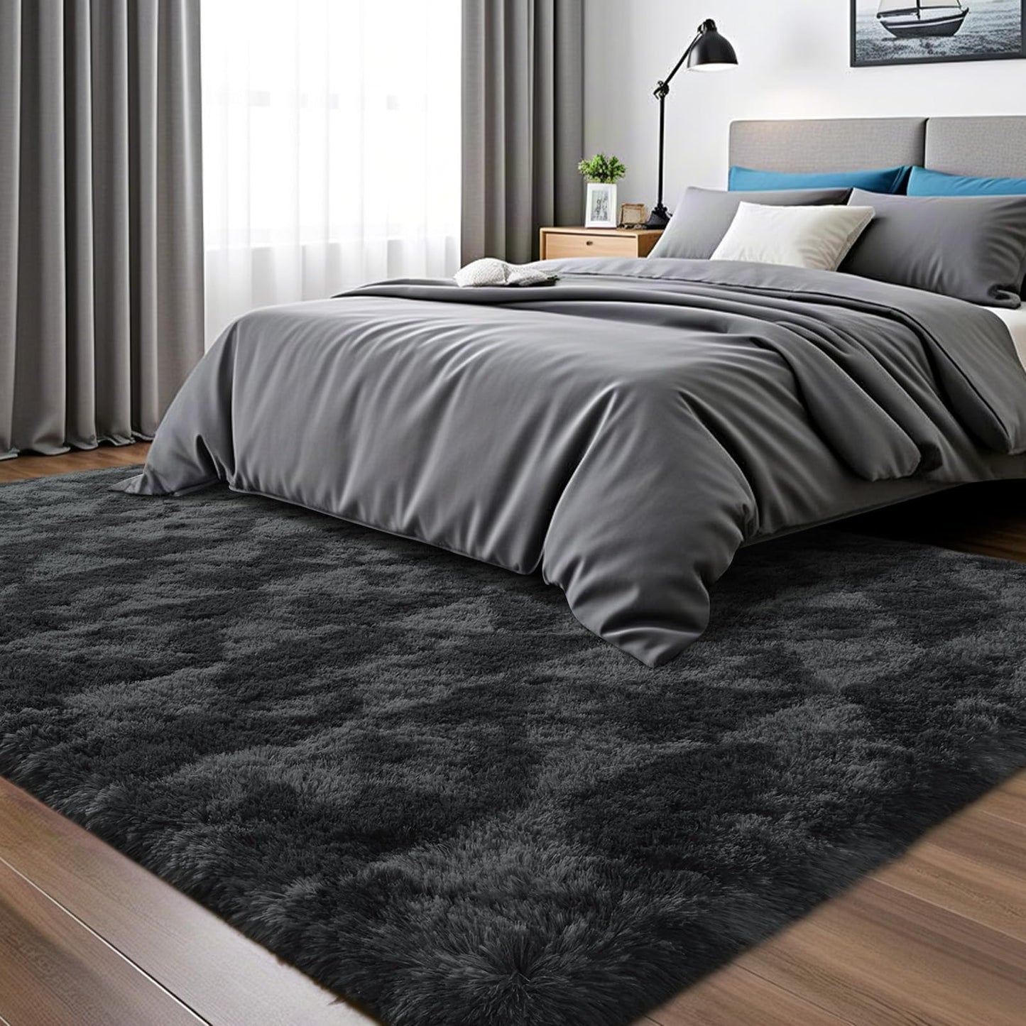 ISEAU 4x6 Area Rug for Living Room, Dark Grey Geometric Pattern Plush Rug for Bedroom, Kitchen, Soft Shaggy Carpets, Fluffy and Machine Washable Mats, Nursery Floors Mat, Boys Room Carpet Decor
