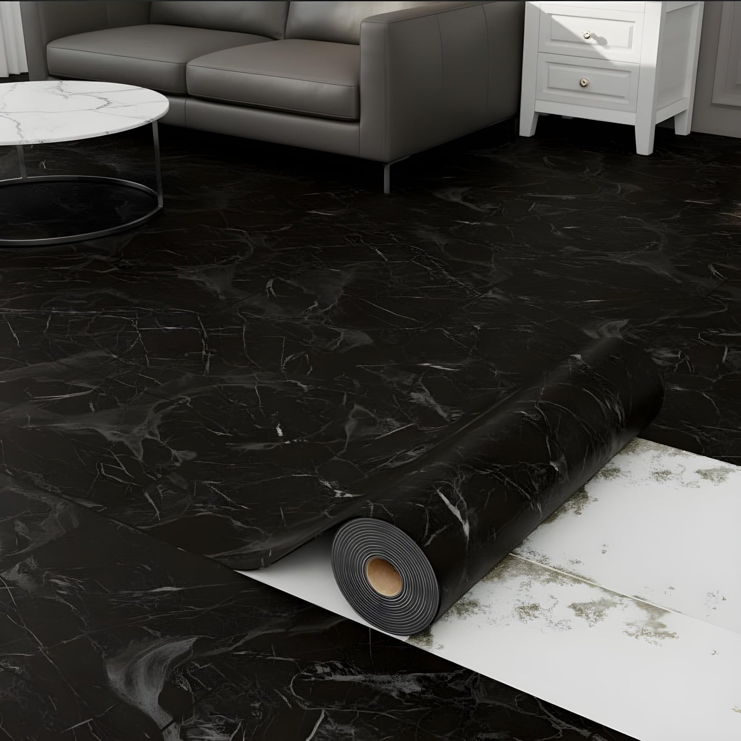 Oxdigi Vinyl Floor Tiles Peel and Stick 23"x 118"/19 Sq.Ft, Thicken Self Adhesive Vinyl Flooring Roll Marble Pattern Waterproof DIY Floor Coverings for Bathroom Living Room Kitchen, Black Marble