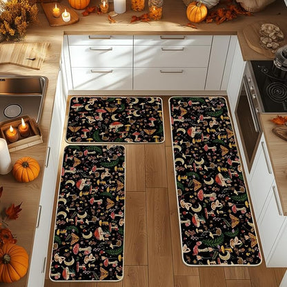 Artoid Mode Black Mushrooms Butterfly Spring Kitchen Mats Set of 3, Home Decor Low-Profile Kitchen Rugs for Floor - 24"x35"+24"x59"+24"x72"