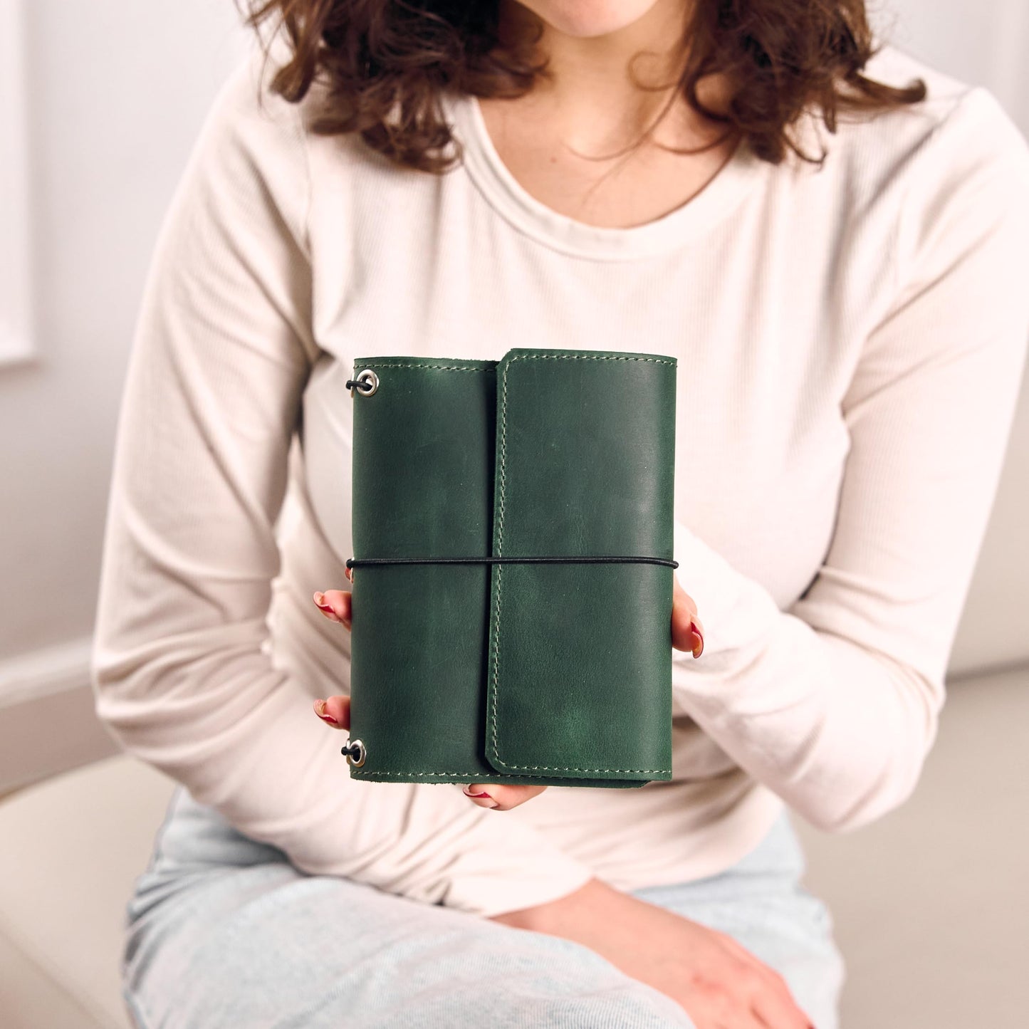 TORAKIP Genuine Leather A6 Journal Cover – Refillable Handmade Notebook Cover with 3 Elastic Bands, Pen Loop & Card Pockets – Travel Diary Case Fits A6 4.1" x 5.8" Notebooks (Paper Not Included), Green