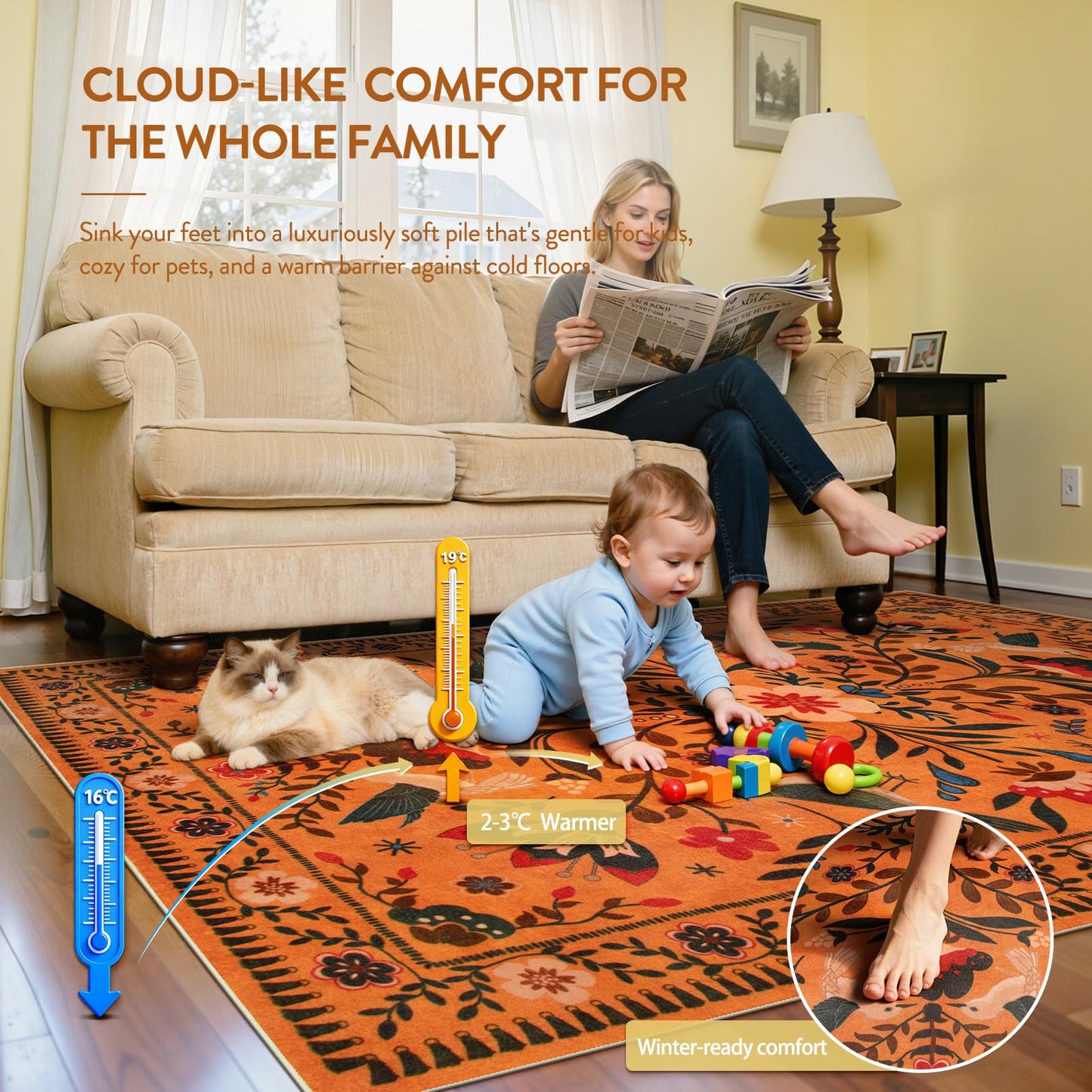 Moynesa Bedroom Rug 5x7, Washable Bohemian Scandinavian Orange Area Rugs for Living Room Dining Room Reading Coner, Modern Country Floral Bird Carpet, Fall Home Decor Non-Slip Protection