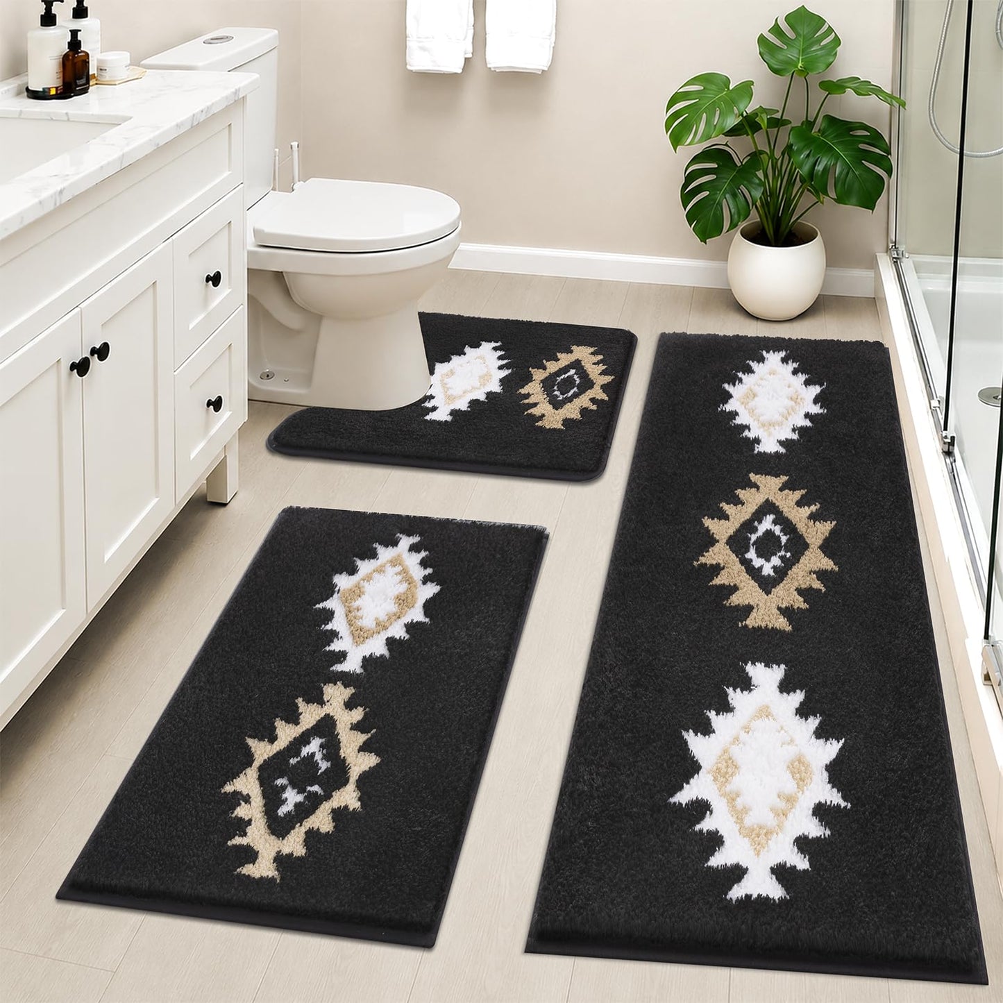 HEBE Boho Bathroom Rugs Set 3 Piece, Non Slip Washable Bath Mat Set, Ultra Absorbent Microfiber Bathroom Mats with U-Shaped Contour Toilet Rug, Aztec Western Bath Carpet Set for Tub, Shower