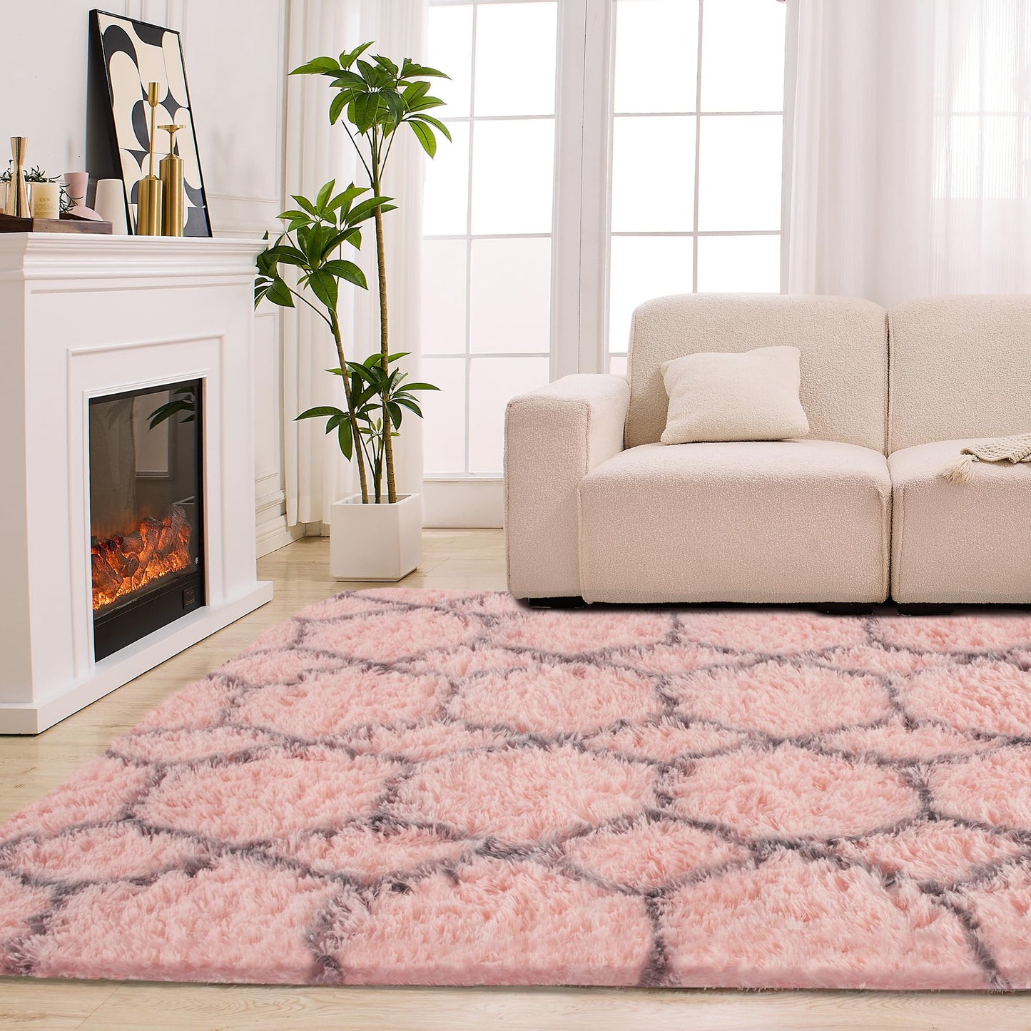 ARKIIKI Fluffy Rug for Bedroom Living Room, 4x6 Pink Soft Area Rug, Machine Washable Shag Geometric Fuzzy Kids Non Slip Carpet Home Decor Aesthetic, Plush Floor Mat for Nursery Teen Dorm, Pink/Grey