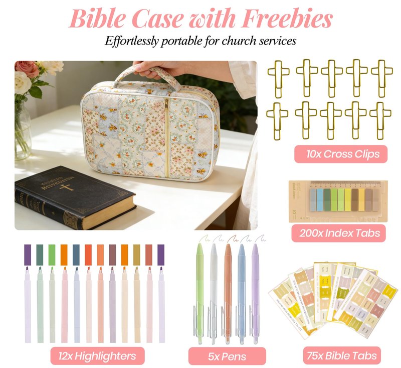Bible Cover Case for Women, Large Bible Bag with Bible Study Supplies Accessories Christian Gifts for Women, Portable with Sturdy Handle and Highlighters, Spliced Flower