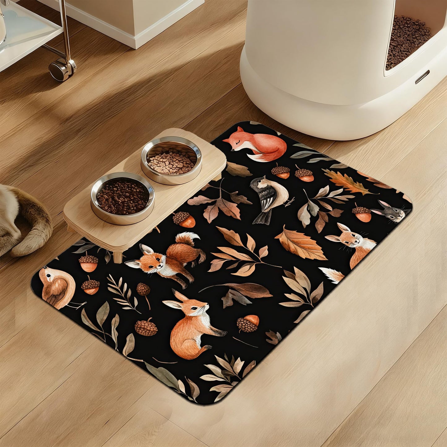 Wild Forest Animals Pet Feeding Mat–Quick Dry Absorbent Dog Cat Food Mat, Non Slip Waterproof Bowl Placemat for Messy Eaters, Pet Accessories for Floors 12"x20"