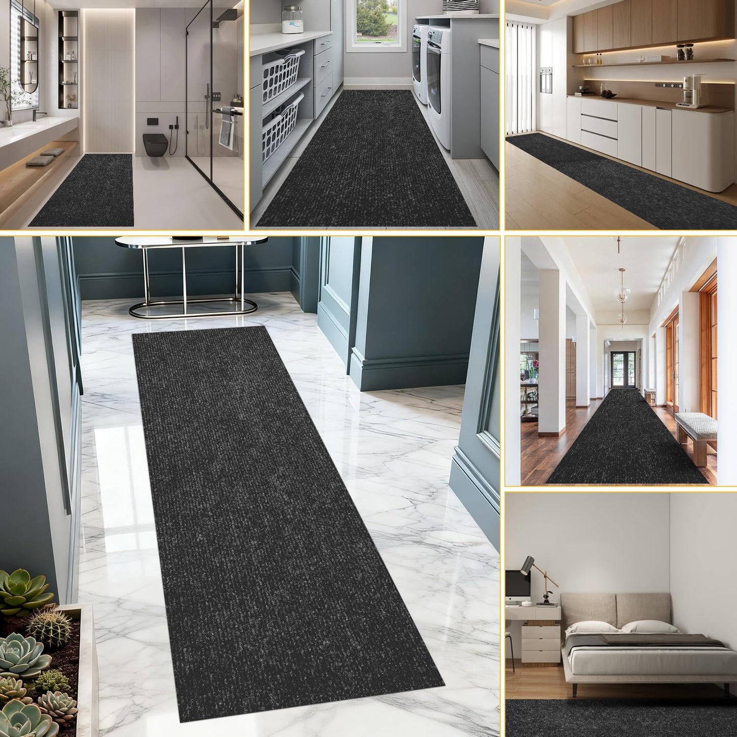 Extra Long 3x10 ft Runner Rug for Hallway, Non-Slip Indoor Outdoor Carpet with TPR Backing, Durable Waterproof Mat for Kitchen, Patio, Balcony, Garage, Deck, Entryway, Stair, Black Fine Stripes