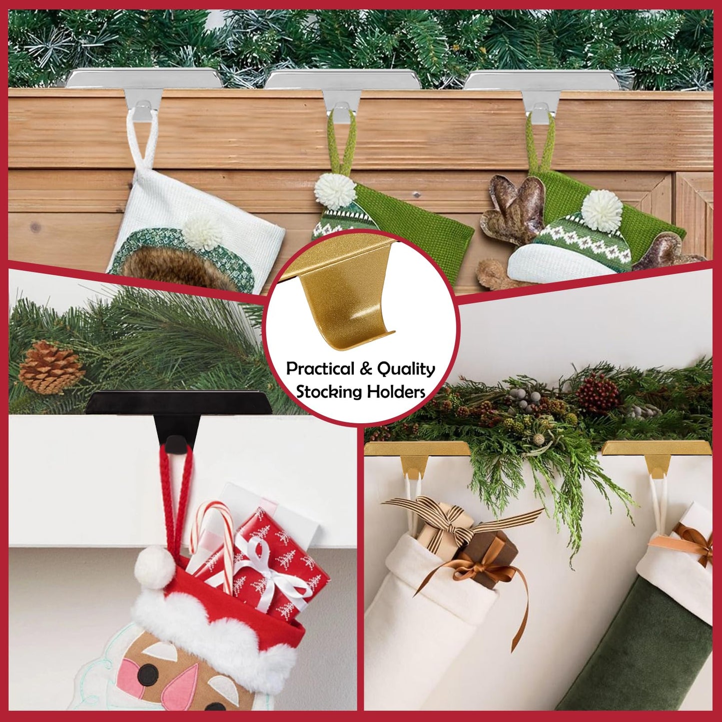 guccde Christmas Stocking Holders, Mantel Christmas Stocking Hangers, Metal Weighted Hooks for Hanging Christmas Stockings, Fireplace Xmas Holiday Decoration（Golden of 4）