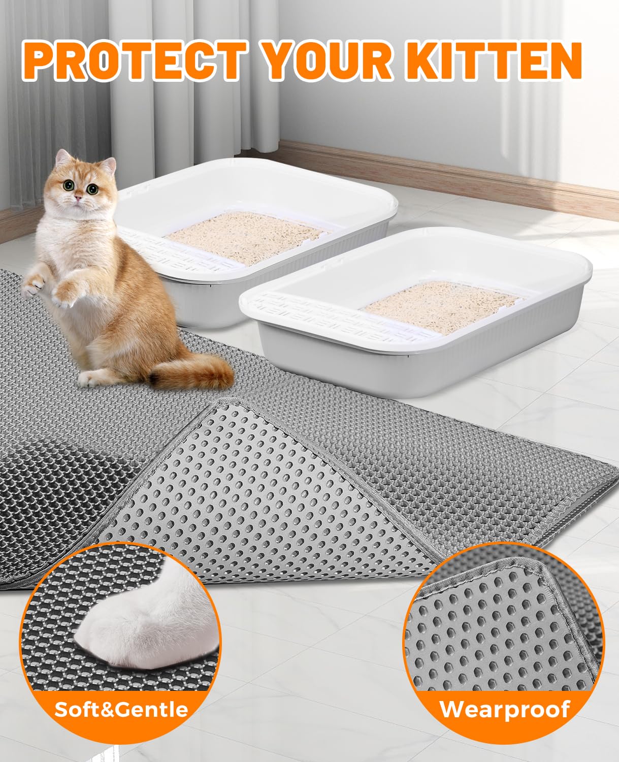Poicrm Cat Litter Mat,Extra Large 46"x26",Honeycomb Dual-Layer Design – Traps Litter Effectively, Waterproof & Urine Proof, Non-Slip, No BPA/Phthalate, Washable & Easy Clean