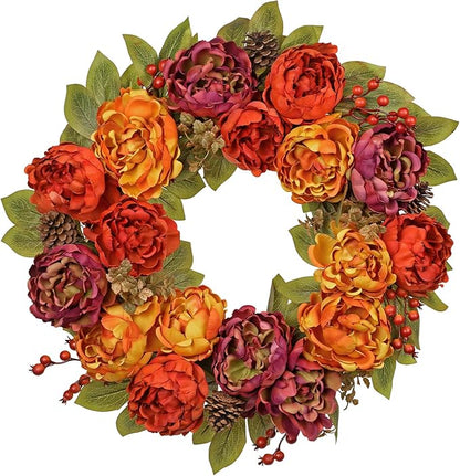 Artificial Fall Wreath for Front Door – 24 Inch Peony & Mixed Floral Wreath with Maple Leaves & Berries, Rustic Autumn Wall Décor