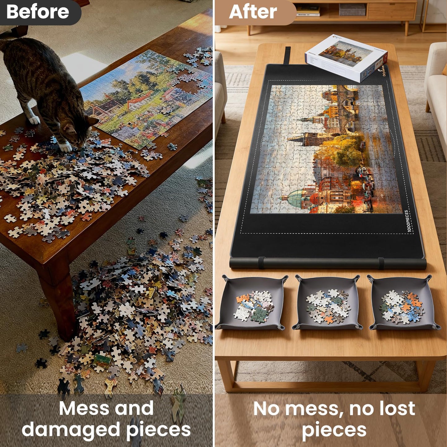 Puzzle Roll Up Mat, All-in-One Jigsaw Puzzle Mat with 6 Sorting Trays – 39.4” x 23.6” Non-Slip Rubber Back & Smooth Surface, Portable Puzzle Mat for 1000 Pieces, Puzzle Accessories Gift for Adults