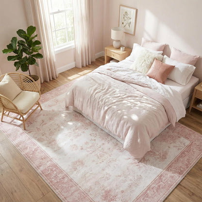 Cnythlis Large 8'x10' Washable Boho Area Rug, Distressed Vintage Medallion Carpet for Big Dining Room, 0.26" Low Pile Spill Resistant Faux Wool Rug - Foldable Non-Slip Silicone Grip, Pink & White