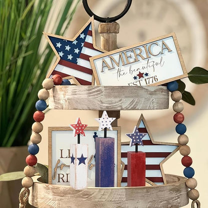 COCHIE 4th of July Decorations Set, Red White Blue Decor, Wooden Patriotic Memorial Day Tiered Tray Decor, Labor Day Decorations, Fourth of July Decoration for Home Office Table (Solid Retro)