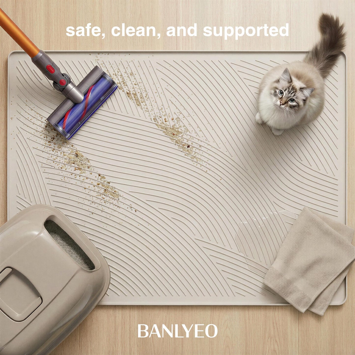 BANLYEO Cat Litter Box Mat - L Large Size 34 x 22 in, Water Proof, Kitty Litter Trapping Mat, Easy to Clean, Scatter Control, Odorless, Pet Supplies for Indoor Cats, Warm Beige