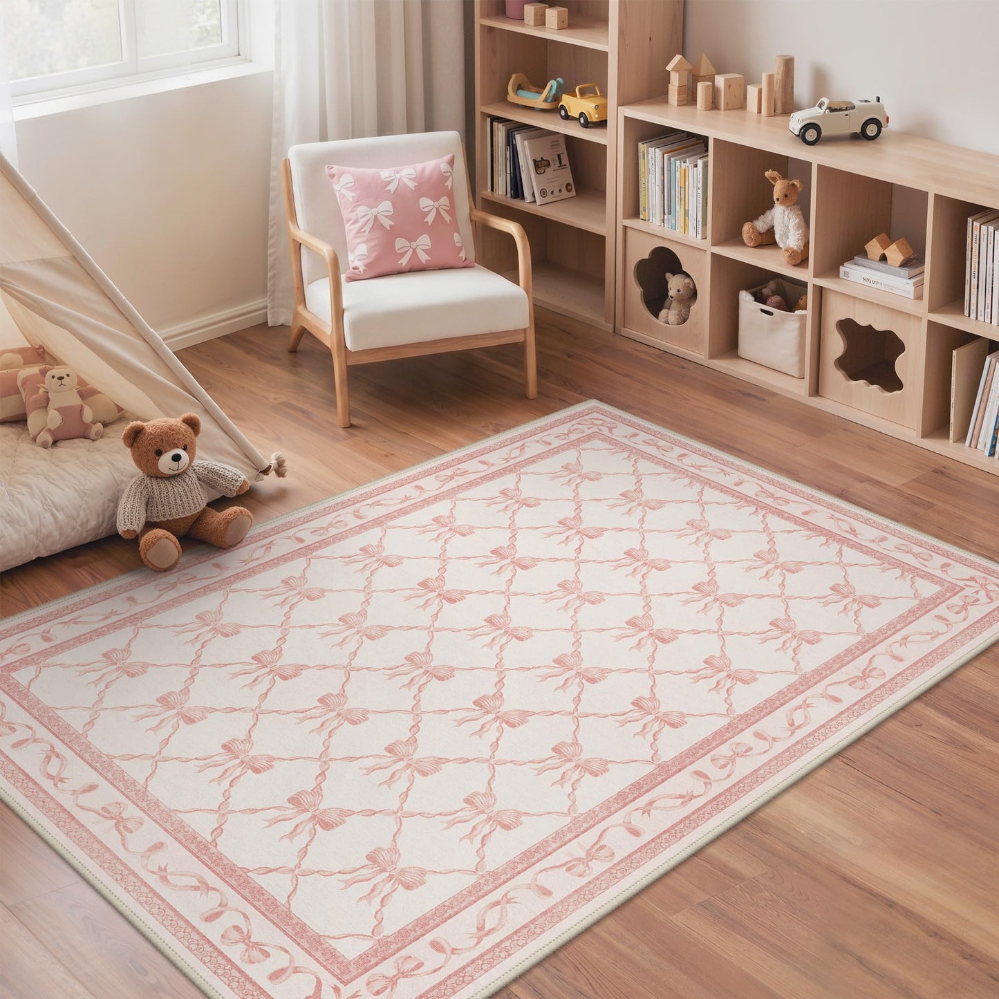 GENIMO 5X7 Pink Rug for Girls Bedroom, Machine Washable Nursery Light Pink Pastel Area Rug, Bow Pattern Floral Soft Cute Low Pile, for Teen Room Living Room, Playroom Dorm Room Home Decor