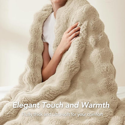 L'AGRATY Faux Rabbit Fur Blanket: 90" x 90" Queen Luxury Soft Fluffy Thick Fur Throw Blanket for Couch Bed Sofa - Cozy Plush Bubble Blankets for Winter: Flannel Fleece Decorative Blanket(Almond White)