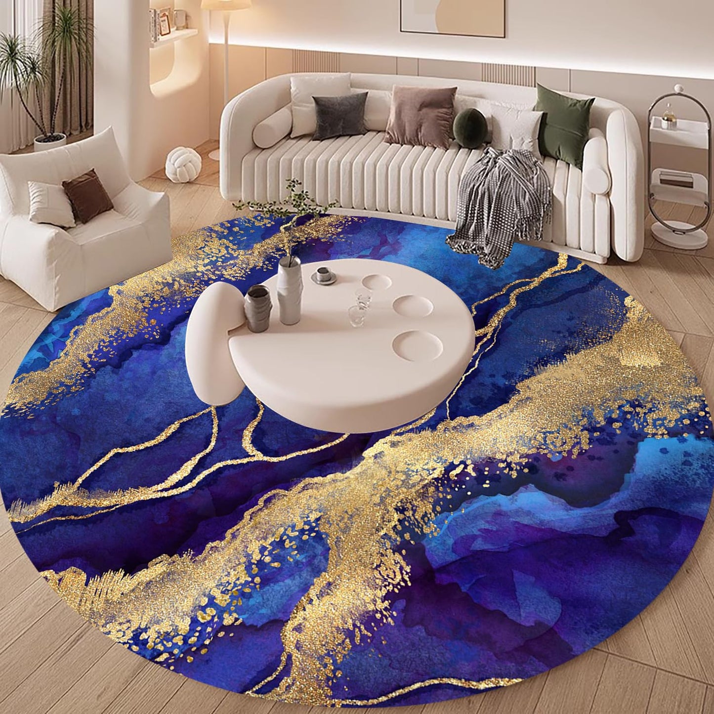 Royal Blue Gold Modern Abstract Marble Pattern Round Area Rugs for Living Room Bedroom Art Deco Circular Rug Soft Wool Washable Non Shedding Home Office Conference Room Large Floor Carpet 6ft