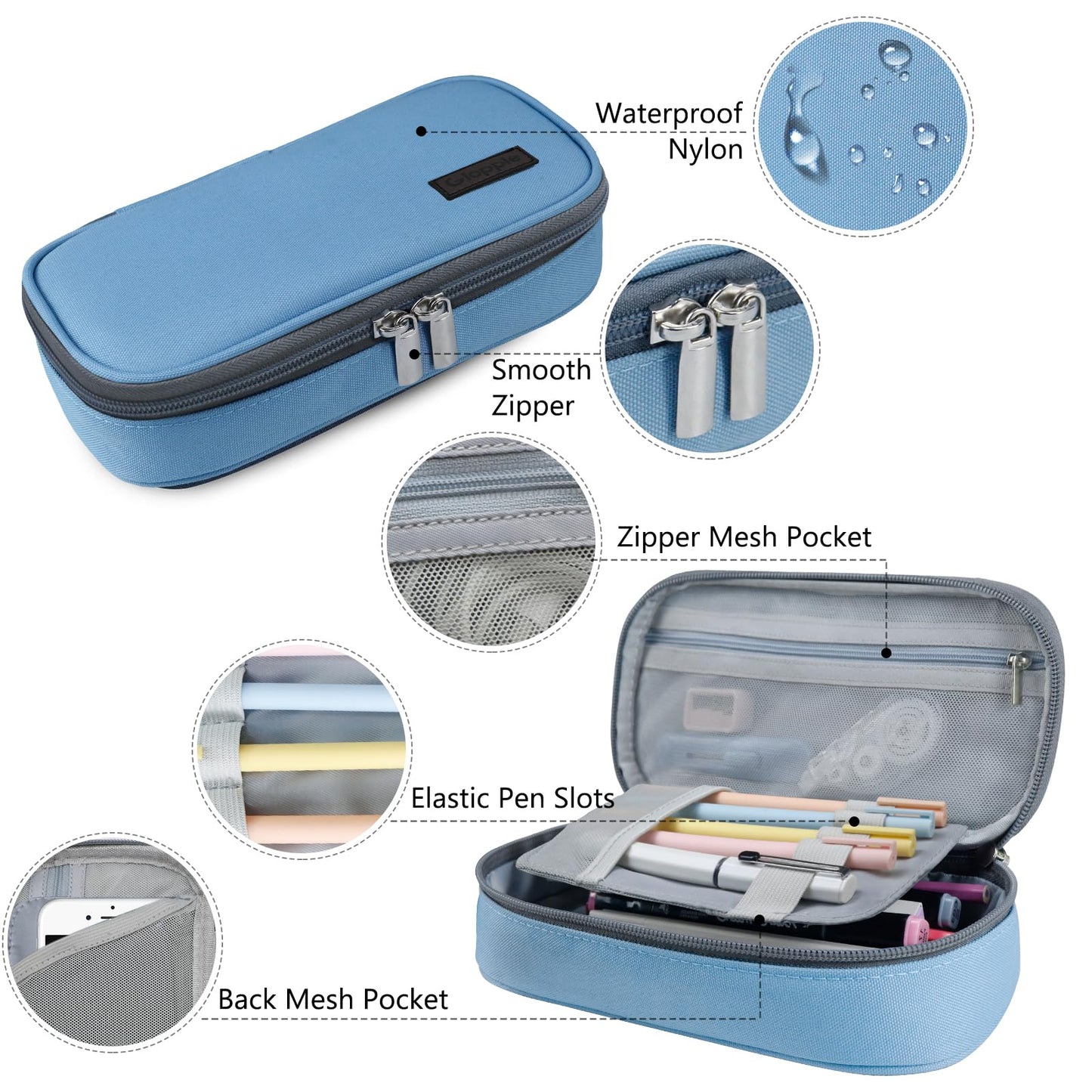 Gloppie Pencil Case Zipper Pencil Pouch Pencil Box for Boys Girls Pen Case Stationary Organizer, Back to School Supplies, Light Blue
