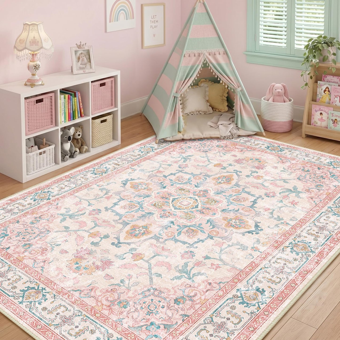 CAPALOCA Machine Washable Rugs Nursery Rug 5x7 Cute Girl Non Slip Low Pile Water Repellent Soft Print Pattern for Bedroom Indoor Decor Kids Playroom Pink Teal