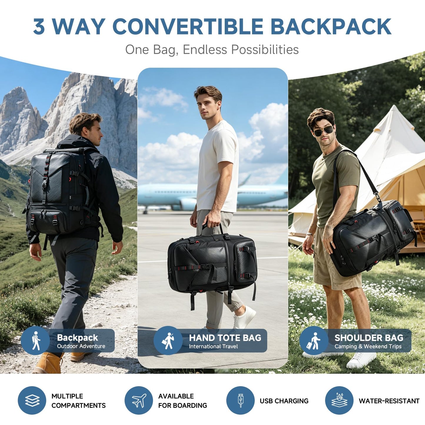 SWICKY Carry-on Travel Backpack for Men, Airline Approved Convertible Duffle Backpack with Shoe Compartment & USB Charging Port, Water Resistant 17.3 Inch Laptop Backpack for Travel Gym Camping