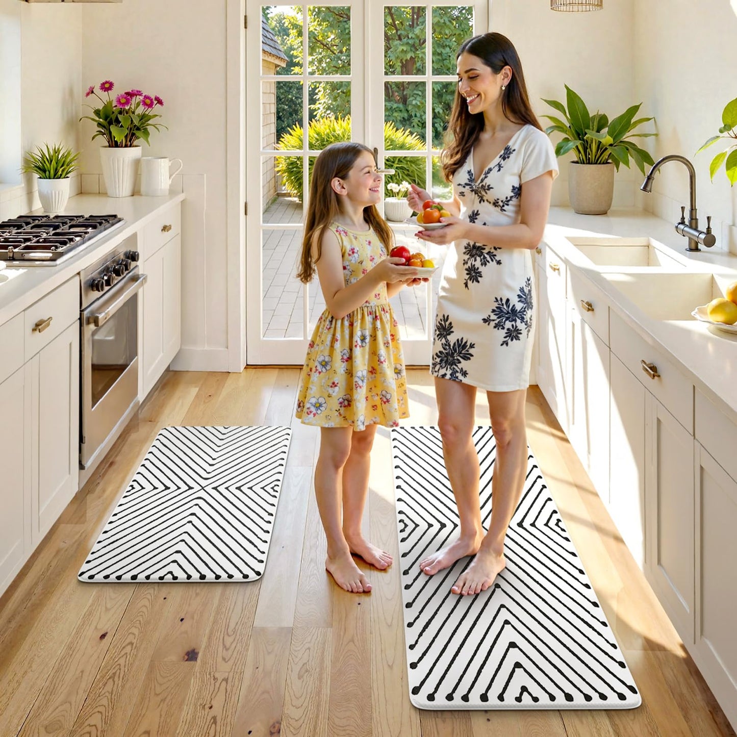 KIMODE Kitchen Mats Cushioned Anti Fatigue, Geometric Kitchen Rugs Sets of 2, Non Slip Waterproof Kitchen Floor Mats, Comfort Standing Mats for Laundry Office Sink Desk 17"x47"+17"x29" Black Diamond