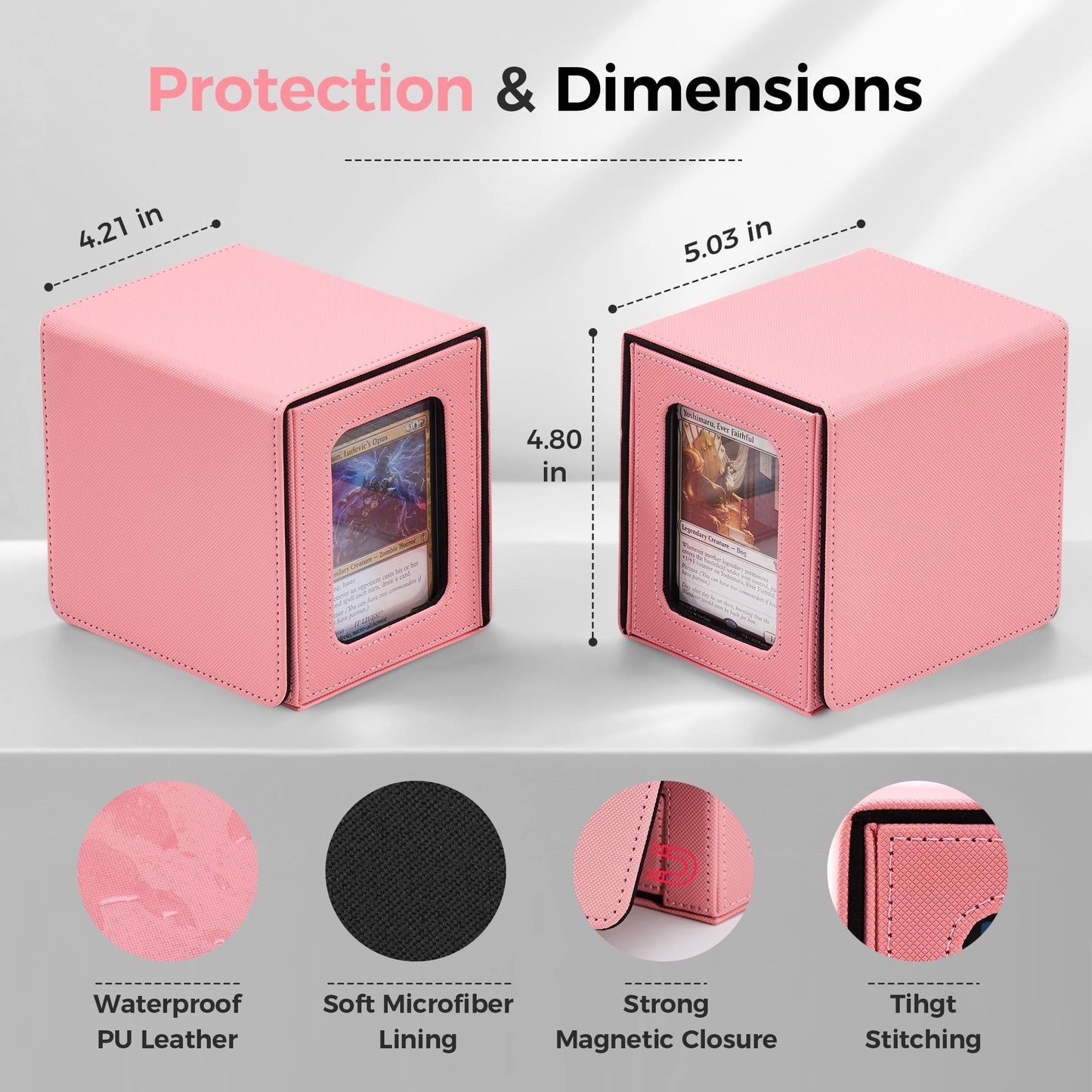 Zettokete MTG Commander Deck Box with Dual Commander Display, Patented Card Deck Box Fits 100 Double-Sleeved Cards, MTG Card Case with Dice Tray, 2 Dividers, 2 Magnetic Holders, Pink & Black