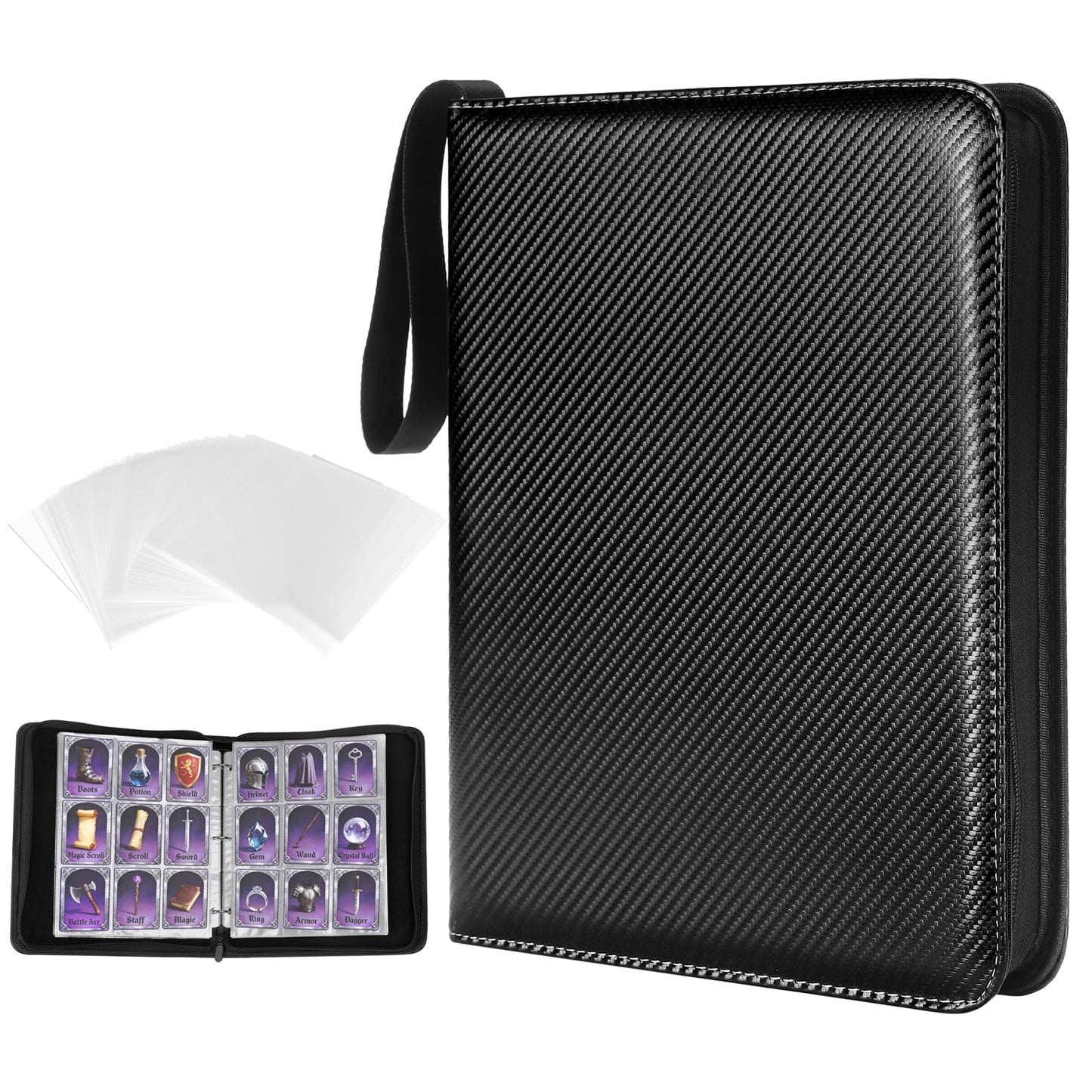 MAXECHO 9 Pocket Trading Card Binder, 1008 Pockets in 56 Removable Double-Sided Sleeves, PU Zip Card Collection Storage Organizer Album for Baseball, MTG, TCG, Sports. Black