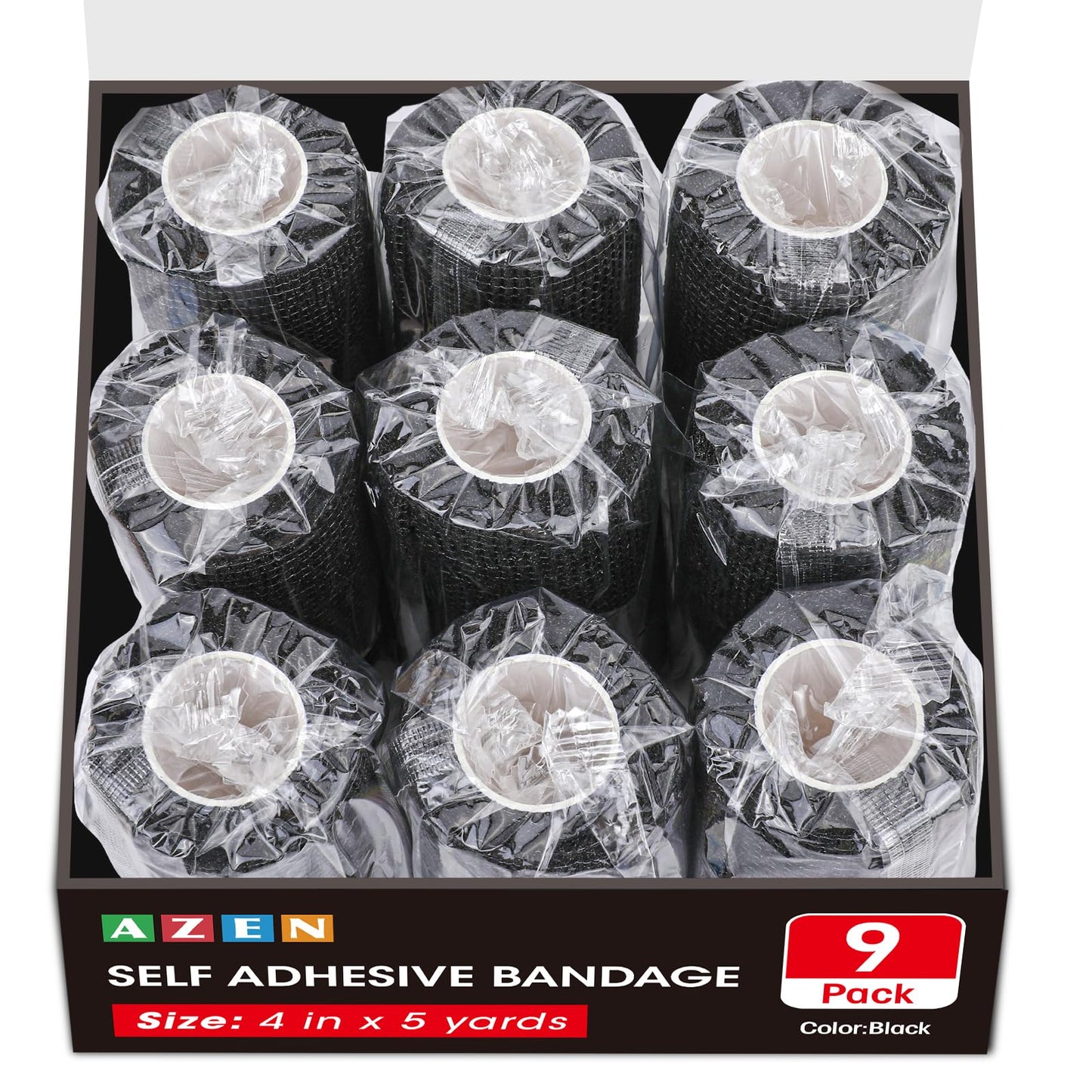 AZEN 9 Pack Self Adhesive Bandage Wrap, 4" X 5 Yards Elastic Cohesive Bandage Wrap, Color Athletic Tape, Tattoo Grip Tape Wrap, Vet Wrap, Ankle Tape