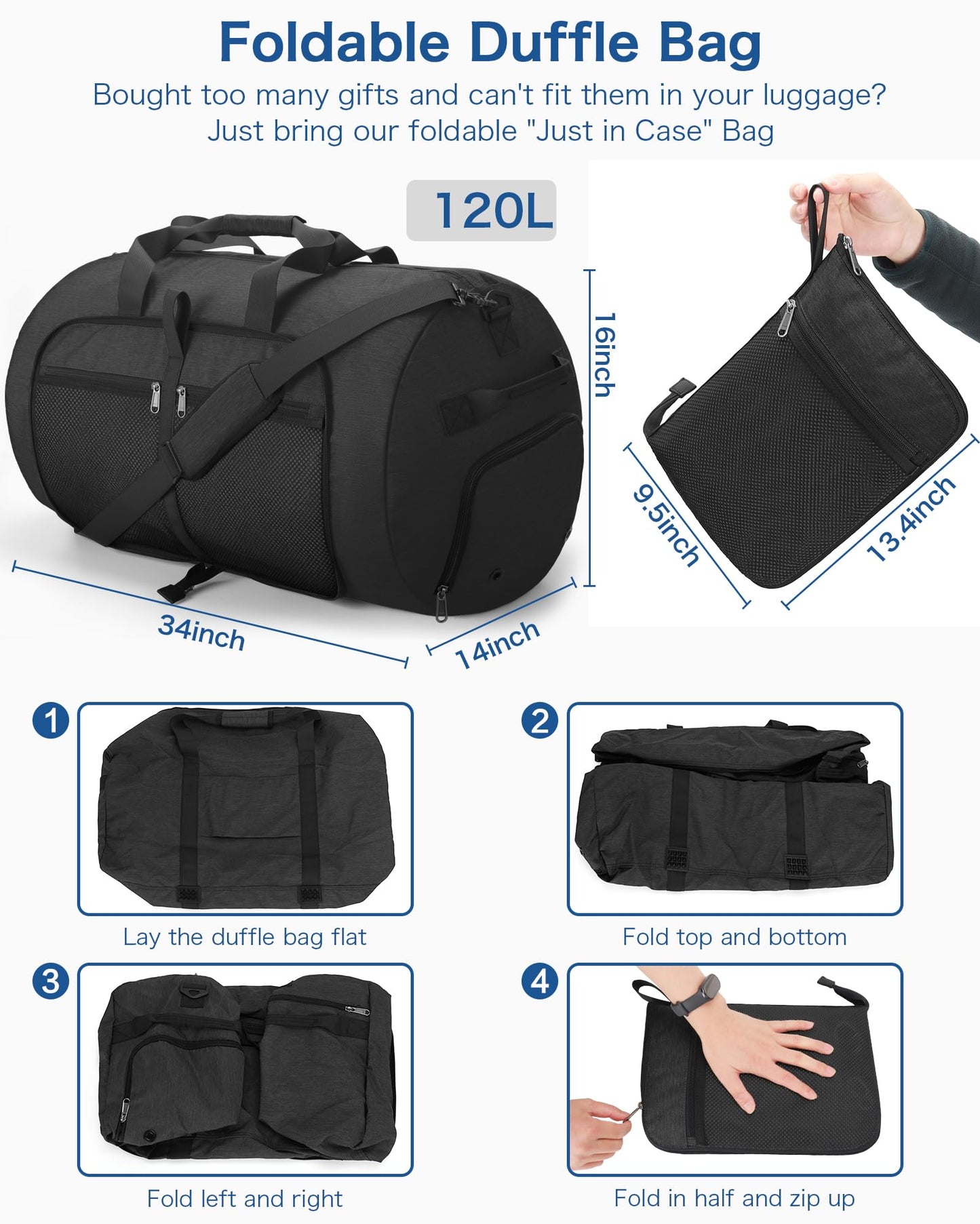 120L Foldable Waterproof Travel Duffel Bag for Men and Women with Shoe Compartment (Black, 120L)