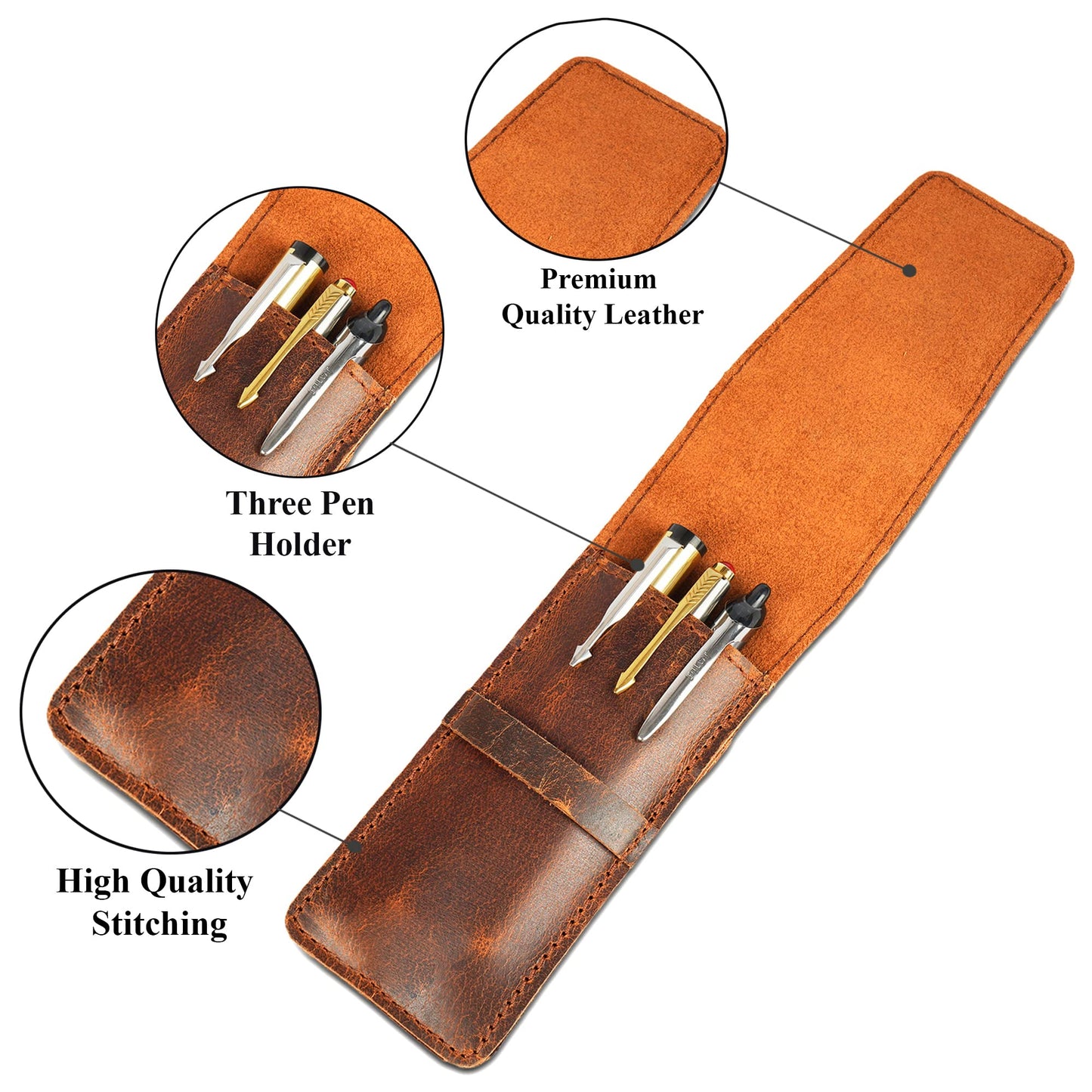 TheAntiq Leather Pen Holder, Genuine 3 Pen Case with Tuck-in Flap, Brown Leather Case for Fountain, Ballpoint & Rollerball Pens, Travel Organizer, Luxury Executive Pen Storage Sleeve (3 Pen, Brown)
