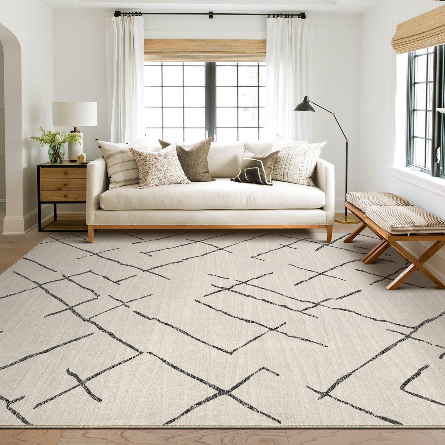 kakania 6x9 Washable Area Rug: Non Slip Soft Thin Carpet, Boho Geometric Modern Decor, Easy Clean Indoor Floor Rugs for Living Room Bedroom Kids Dorm Office Dining - Beige