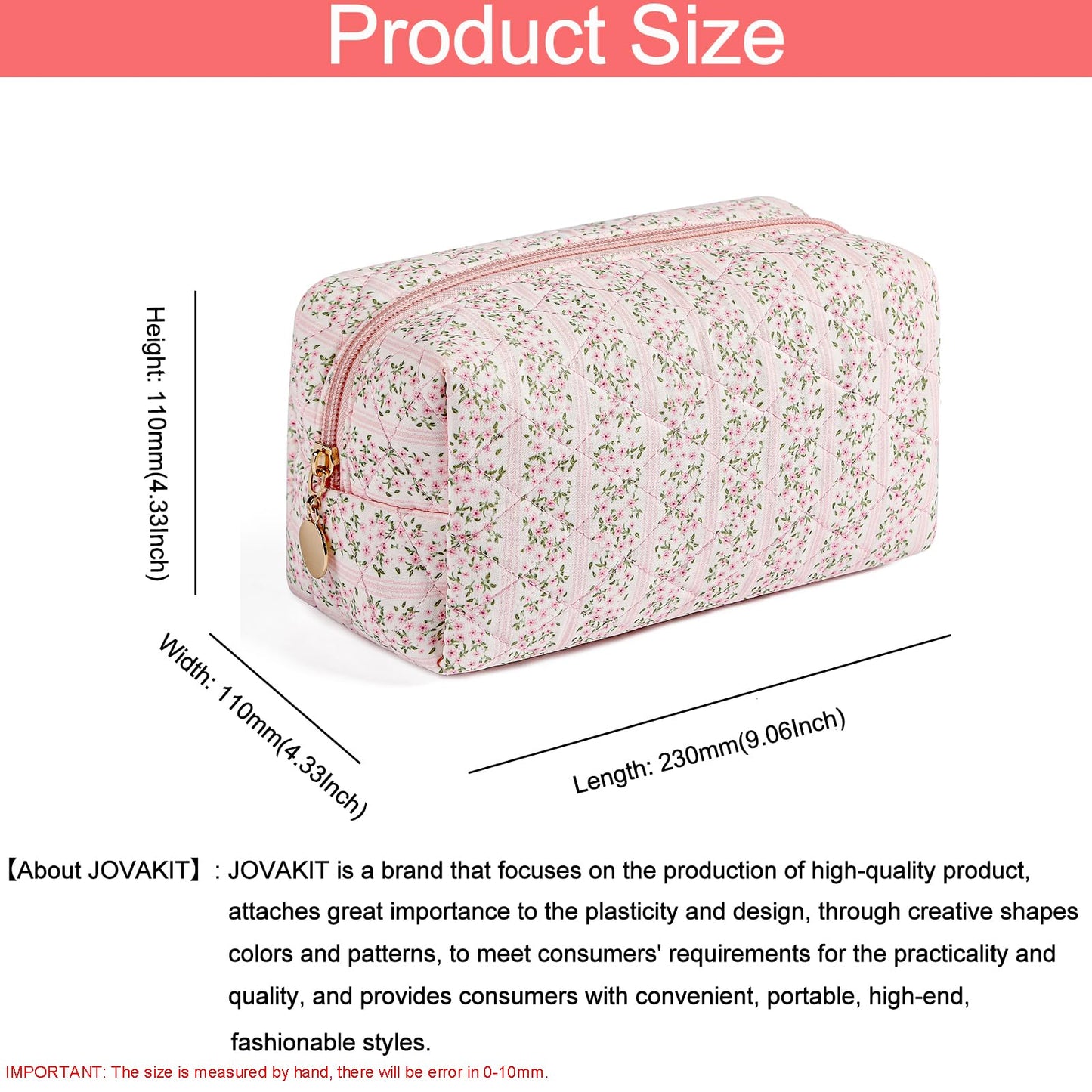 JOVAKIT Square Makeup Bag Cute Cosmetic Bag for Women, Floral Coquette Aesthetic Toiletry Bag, Zipper Make Up Pouch, Travel Make Up Organizer Bag (Pink Floral)
