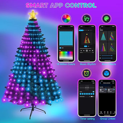 Smart Ring Christmas Tree Lights with Star Topper Indoor Outdoor - 7.5Ft x 20 Lines String 400 Optimum LED Easy App Control Images Color Changing Timer Remote Waterproof for 7 7.5 8 Ft Xmas Trees