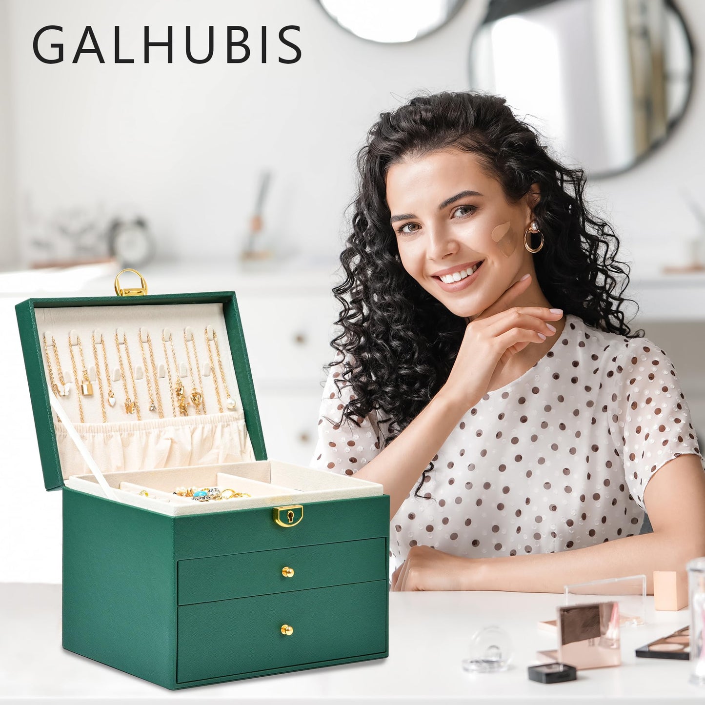 GALHUBIS Jewelry Box, 3 Layers Leather Jewelry Storage Display Box for Women, Gift Case, 2 Drawers, Large Capacity for Necklace Earrings Bracelets Rings,Green