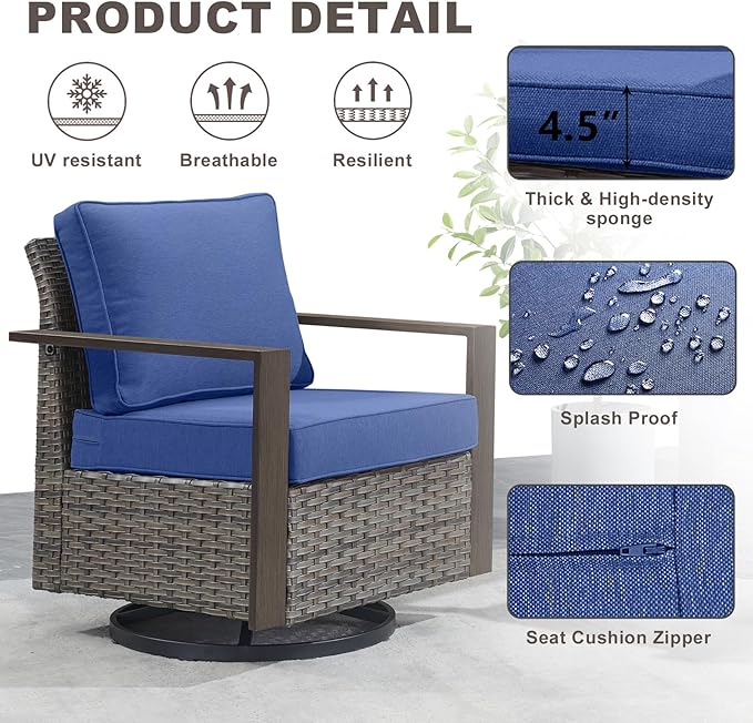 Outdoor Patio Swivel Rocker Chairs - 3 Piece Wicker Patio Furniture Bistro Set with 2 Swivel Rocking Chairs and 1 Metal Side Table,Thick Cushions,Deep Seating for Deck Porch Garden(Mixed Grey/Blue)