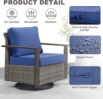 Rilyson Outdoor Wicker Patio Furniture Set - 5 Piece Patio Conversation Set with 2 Wicker Swivel Rocker Chairs,2 Ottoman, 1 Side Table, Thick Cushions, Deep Seating, Wide Armrest(Mixed Grey/Blue)