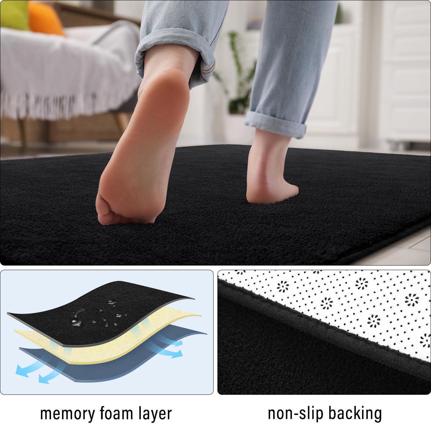 B BENRON Soft Runner Rugs for Bedroom 2x6, Non Slip Runners for Hallway Kitchen Laundry Dorm Washable, Minimalist Low Pile Long Rugs for Boys Men Girls Kids, Black