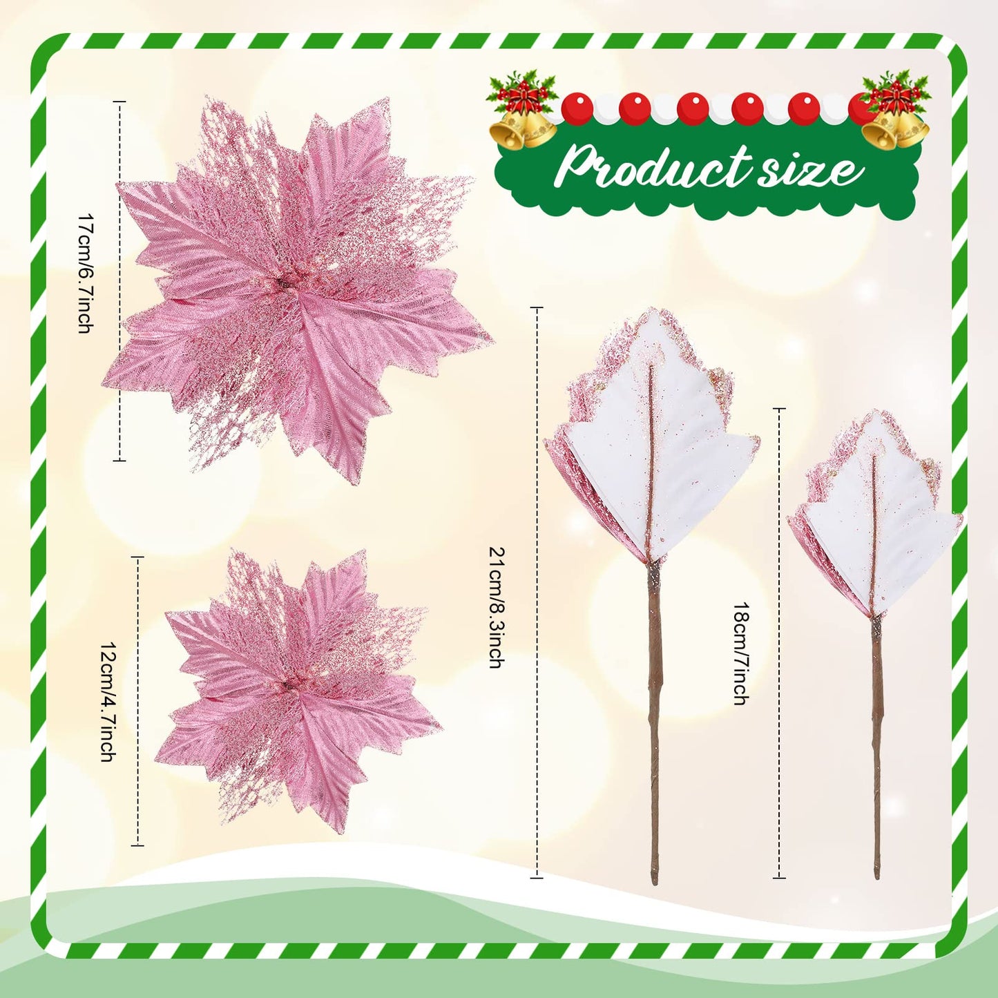 Sratte 6 inch Glittered Christmas Tree Topper Metal Christmas Star Treetop 31.5 Inch Glittered Christmas Tree Skirt and Christmas Flowers Decoration for Xmas Home Door Decor (Pink)