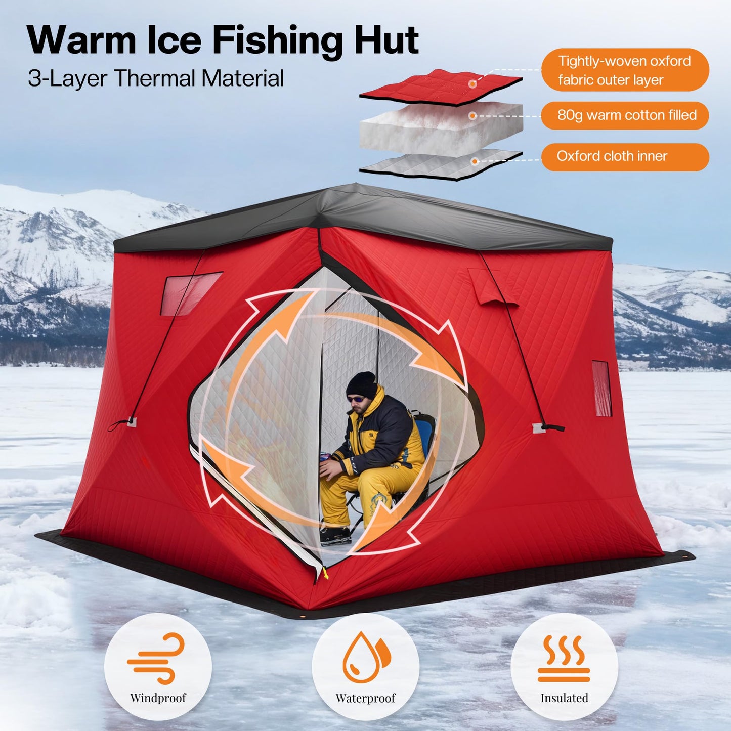 Albott Insulated Pop-Up Ice Fishing Tent, 4–5 Person Ice Shanty with 3-Layer Oxford Fabric, Waterproof Cover, Chimney Vent, Anchors & Ropes, Portable Warm Shelter with Carry Bag