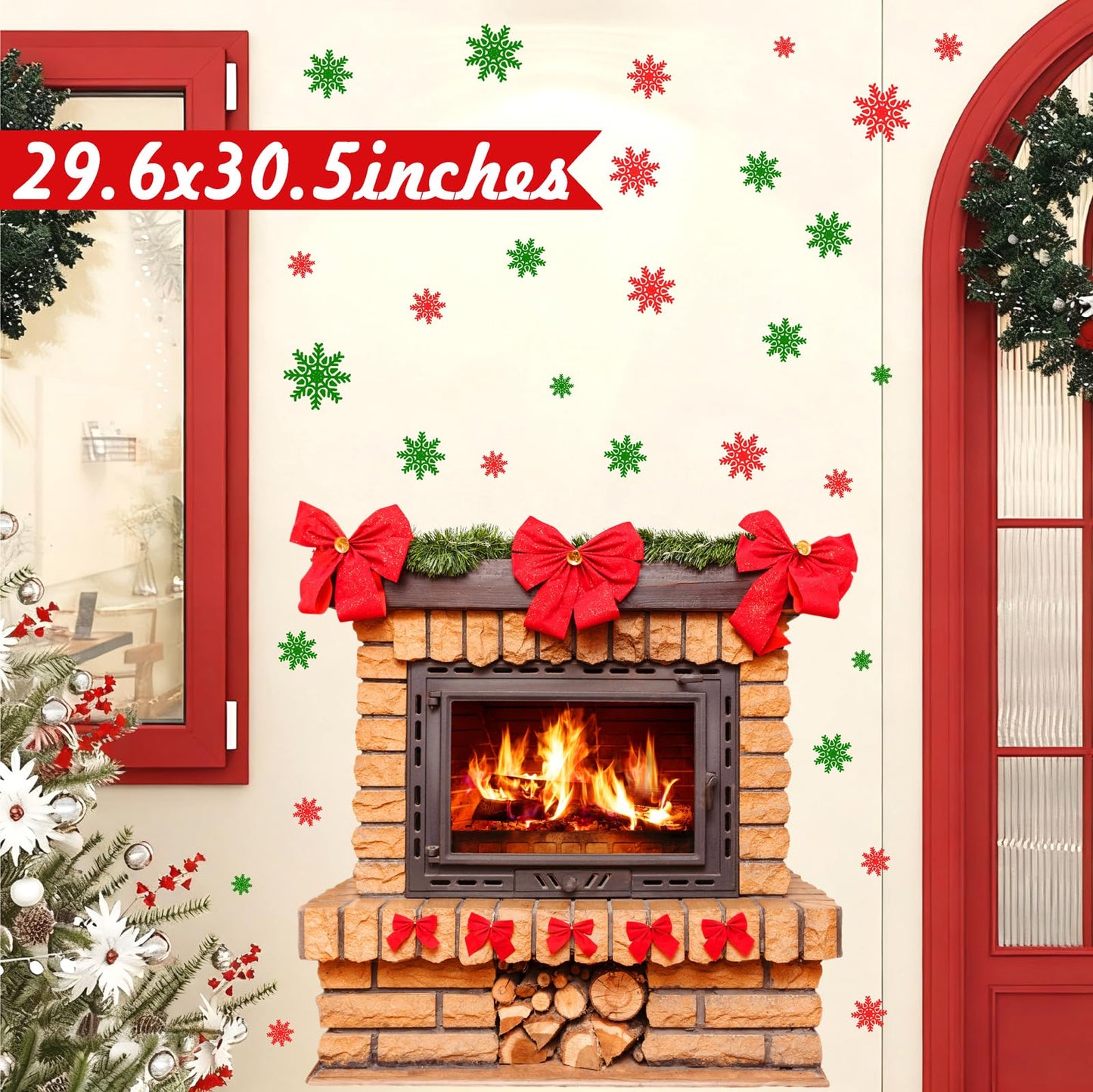 Large Christmas Wall Stickers Christmas Wall Decoration Vinyl Decals Realistic Bow Fireplace Decal for Walls Peel and Stick Indoor Snowflakes Xmas Art Murals for Living Room Holiday Party Supplies