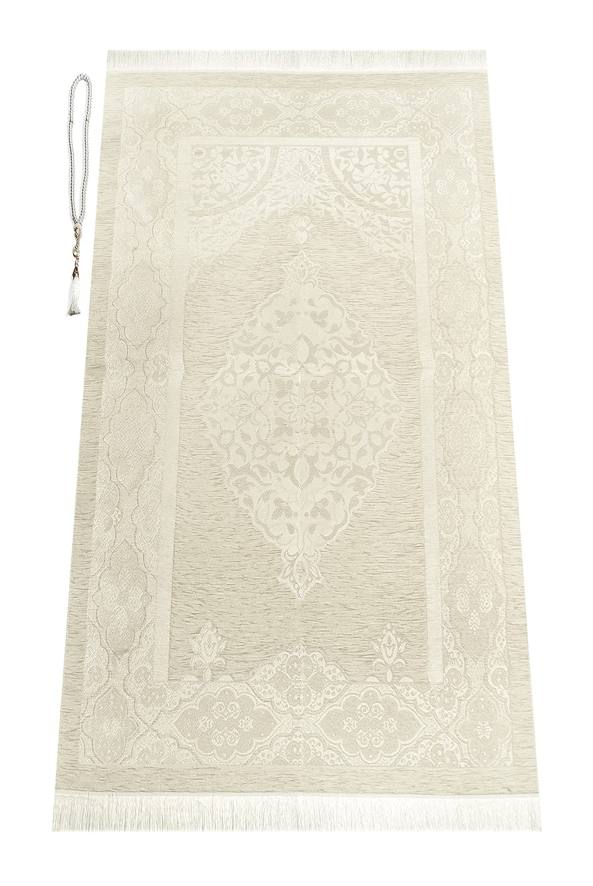 ihvan online Muslim Prayer Rug with 99 Beads Tasbih, Soft Chenille Sajadah, Lightweight & Foldable Janamaz, Portable Travel Prayer Mat, Islamic Gift for Eid, Ramadan, Hajj & Umrah, Cream
