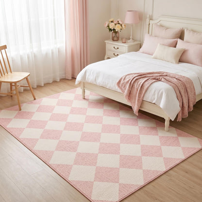 GarveeHome 6x9 Modern Checkered Area Rug, Pink Geometric Farmhouse Washable Rugs for Living Room Bedroom, Soft Low Pile Non Slip Diamond Floor Mat Plaid Print Throw Rug Indoor Carpet
