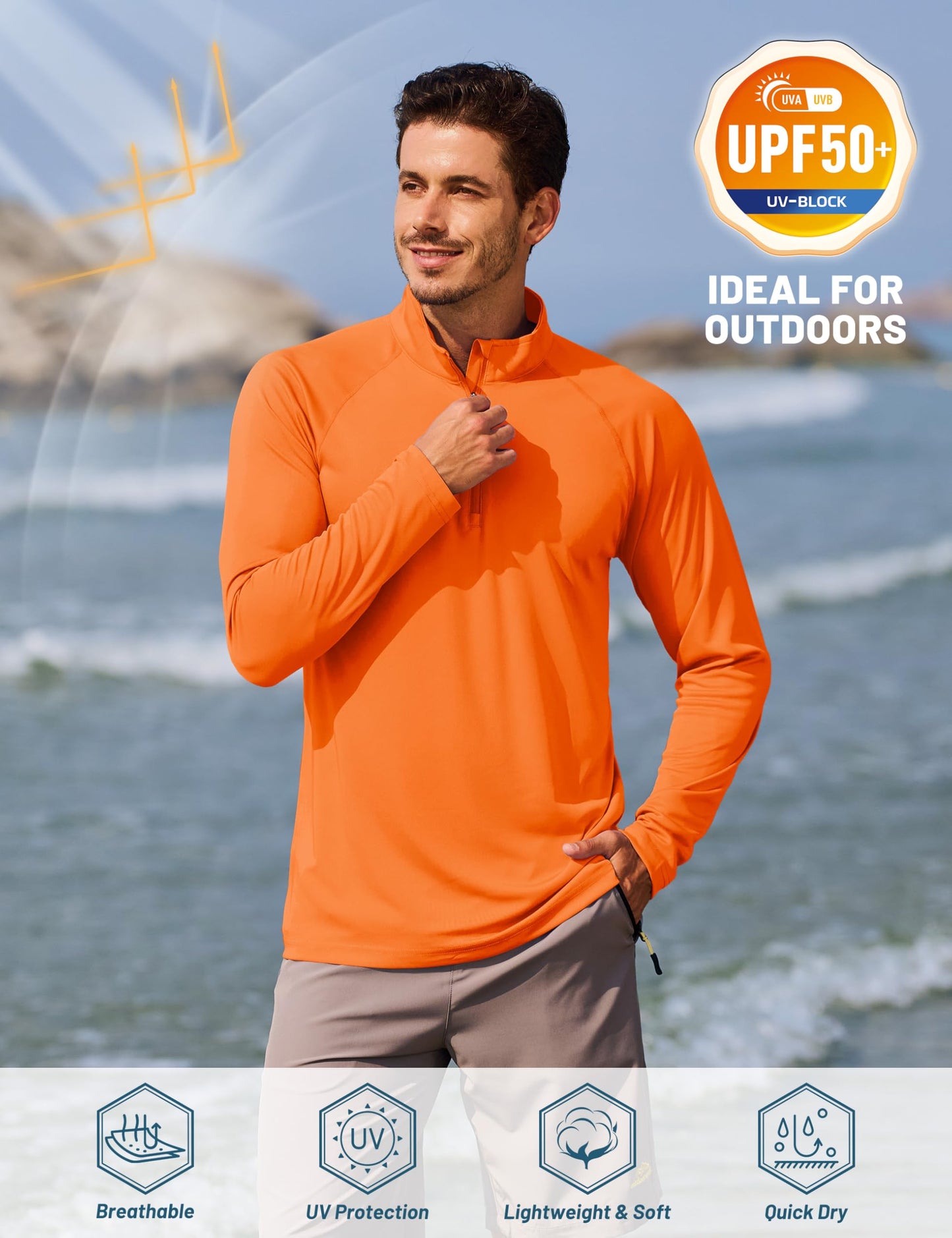 TACVASEN Running Shirts for Men Long Sleeve UV Protection 1/4 Zip Shirts for Athletic Summer Tops for Mens Rash Guard Golf T-Shirts Orange XXL