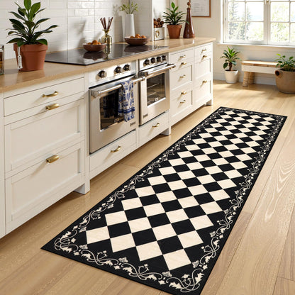 Beeiva Checkered Bathroom Runner Rug 2x6, Black and White Washable Runners for Hallways Non Slip, Moroccan Trellis 2x6 Rug for Besides Laundry Kitchen, Checkerboard Stain Resistant Bathroom Decor