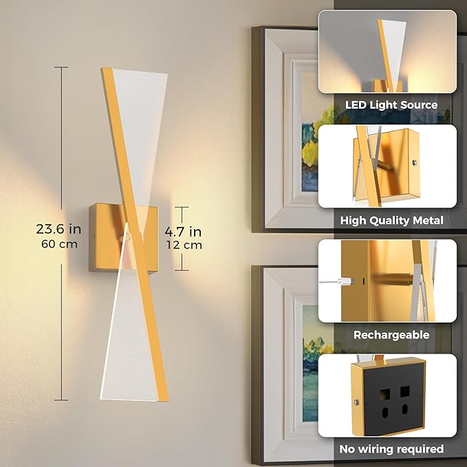 L LOHAS LED Battery Operated Wall Sconces Set of Two, Beautiful Design Vintage Wall Decor, Wireless Wall Sconces Battery Operated, Sconces Wall Decor Set of 2 for Bedroom, Living Room, Gold